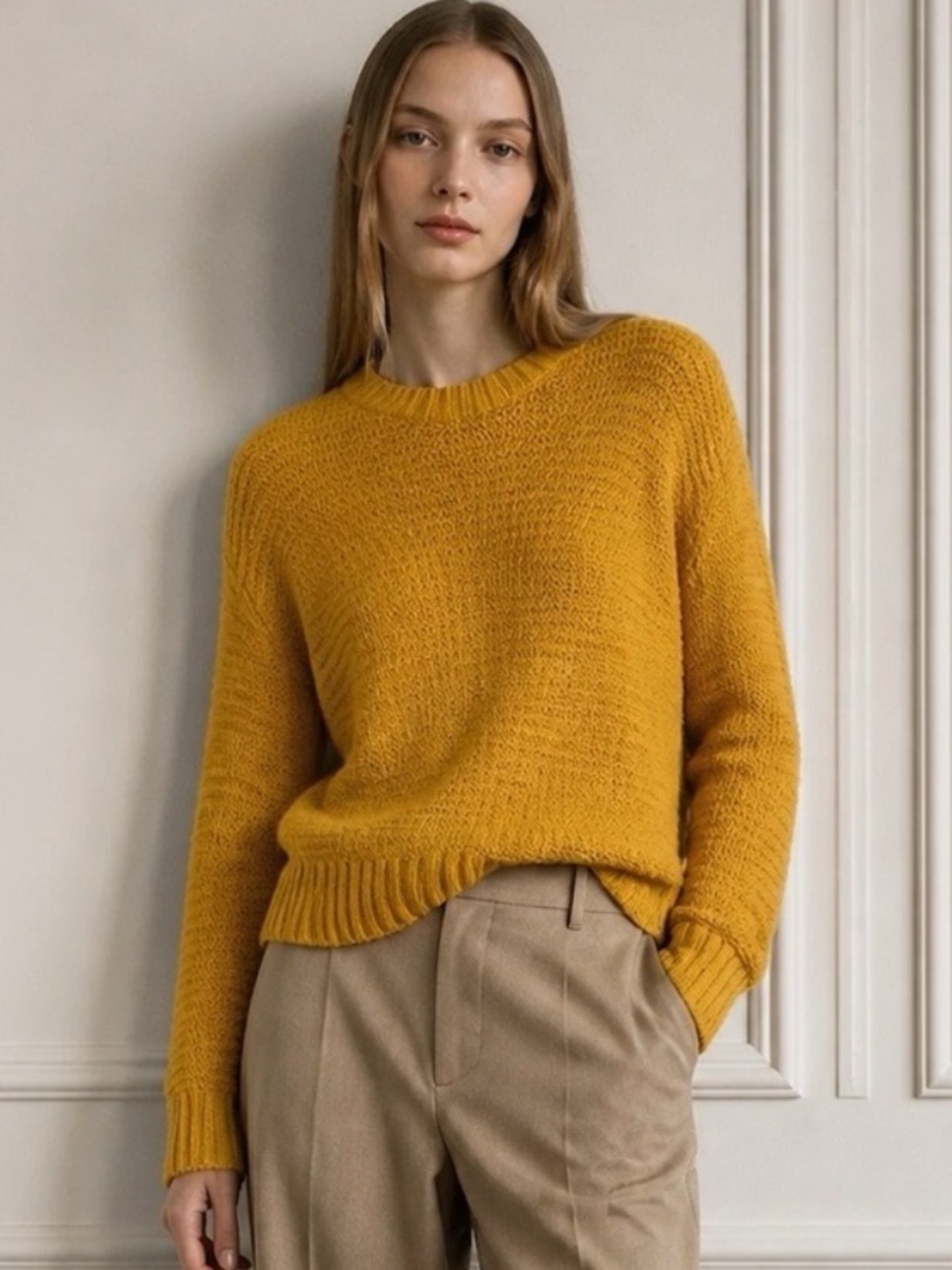 Divided Crew Neck Mustard Ribbed Pullover Sweater